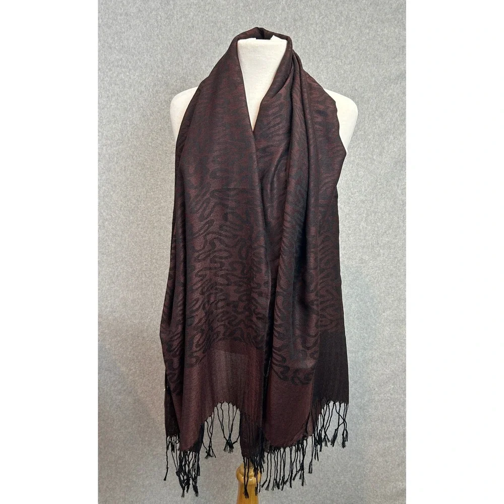 Wool Silk Blend Scarf Wrap Burgundy Black Abstract Doodle Squiggle Artsy Fringe